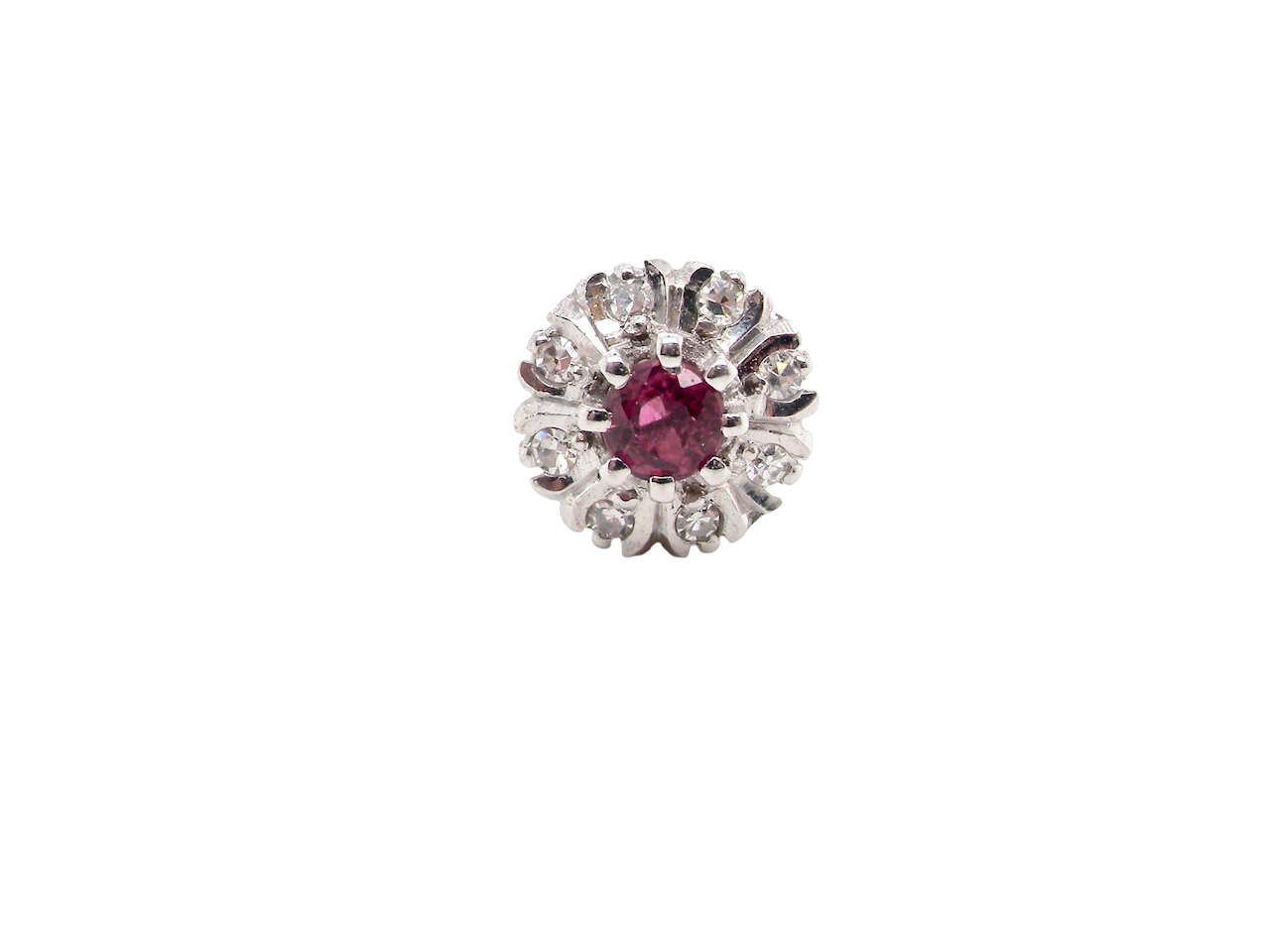  cluster earring Features to the centre a round 4.6mm pink sapphire (est 0.38 carats) with a good deep colour hue.