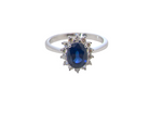 cluster ring featuring a striking mid–dark blue oval-cut sapphire at its centre, measuring approximately 8 × 6 mm (estimated 1.25 ct).