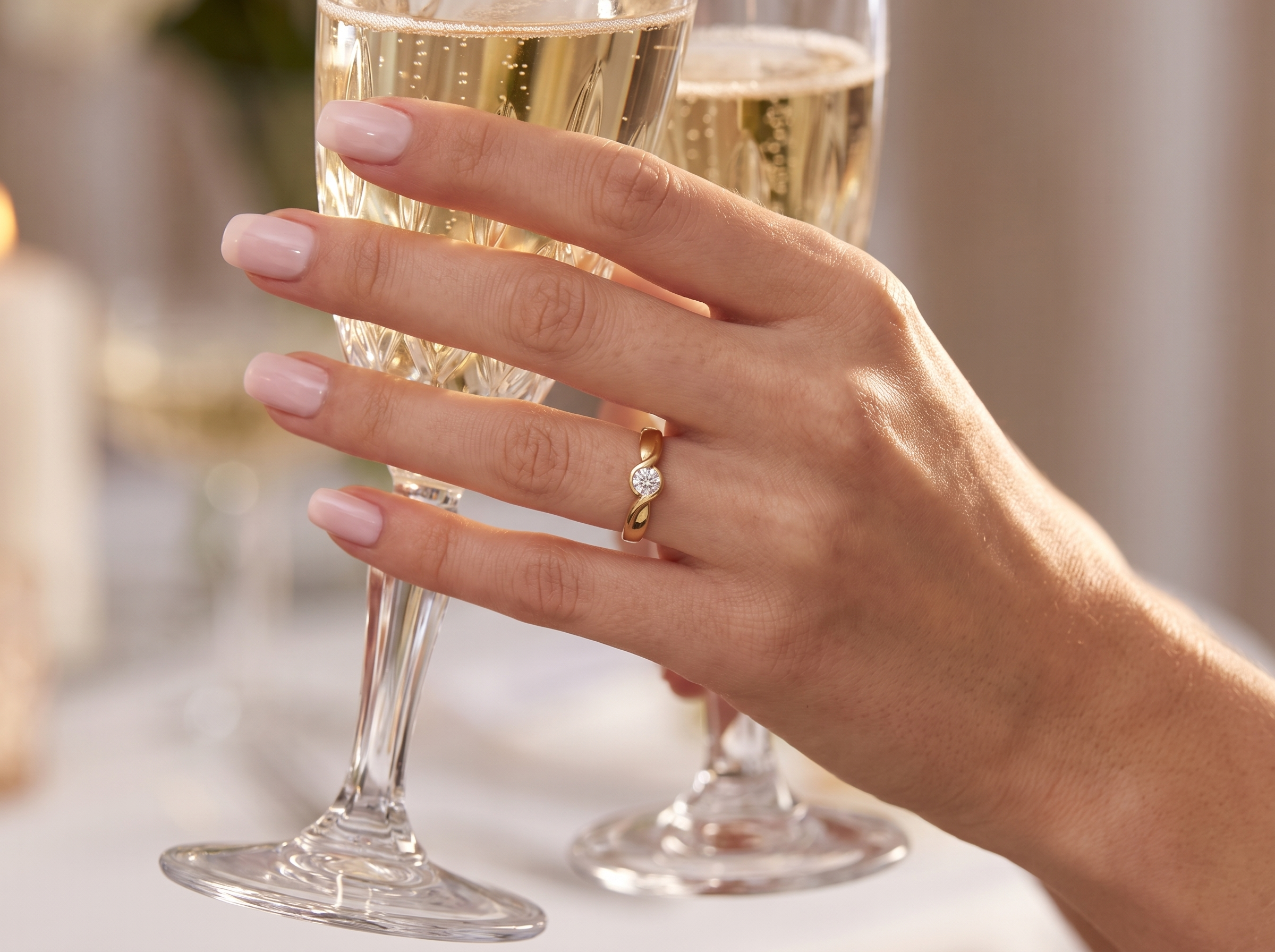 A close-up of a hand with pale pink manicured nails wearing a gold ring with a clear gemstone, holding a champagne flute in a softly lit indoor setting.