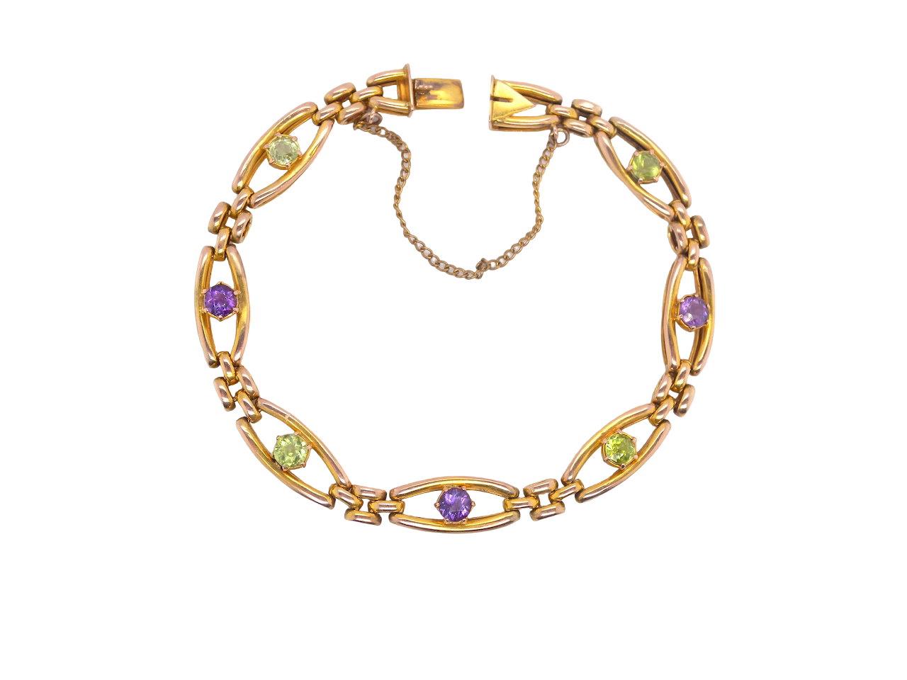exquisite early 20th century bracelet set with 4.5mm peridot and amethyst stones,