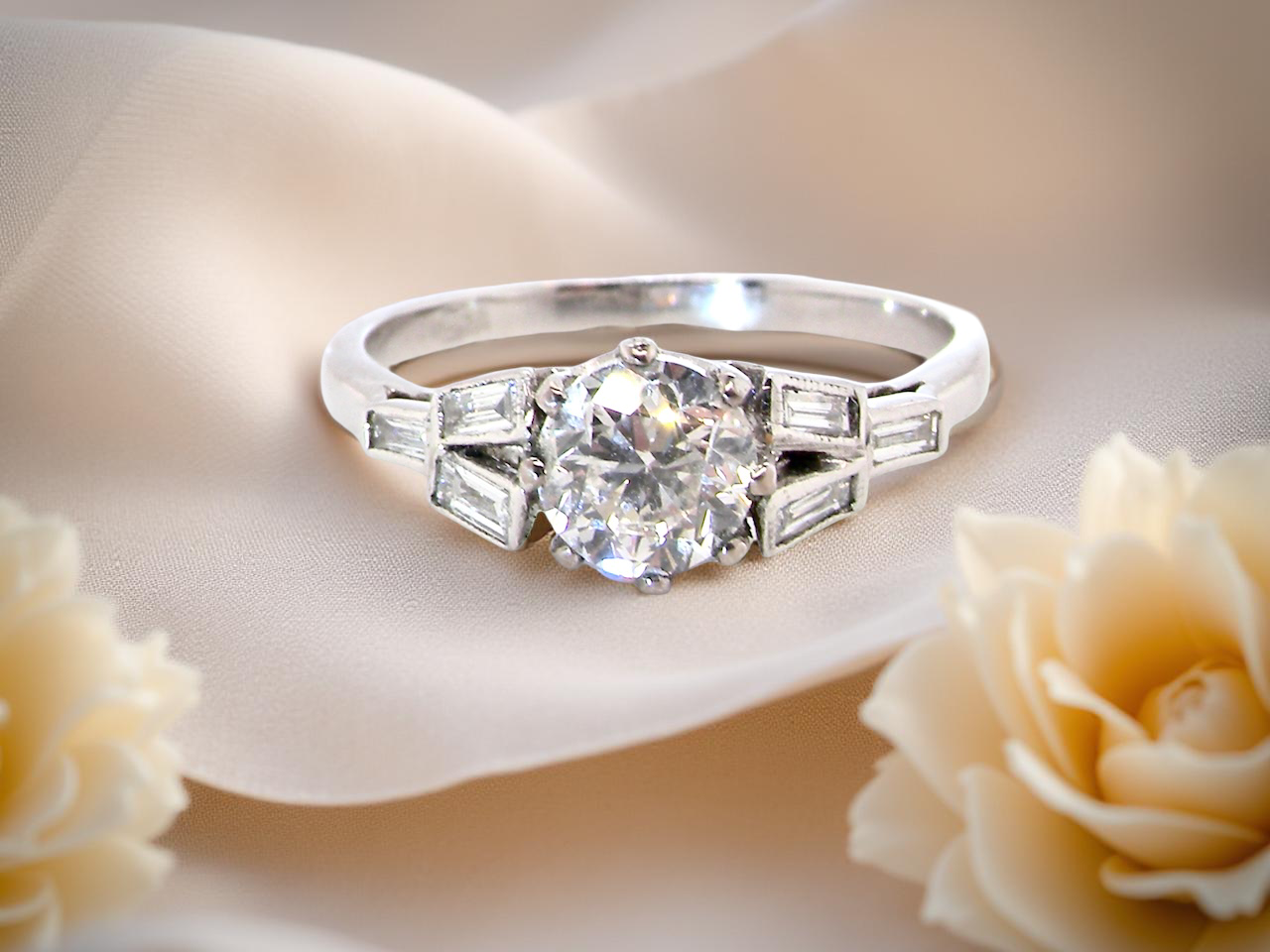 feature A beautifully proportioned Art Deco solitaire ring showcasing a sparkling old brilliant cut white diamond