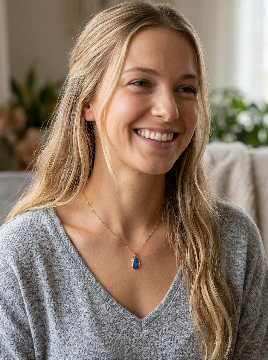 woman wearing A stunning pendant containing an oval shaped black opal
