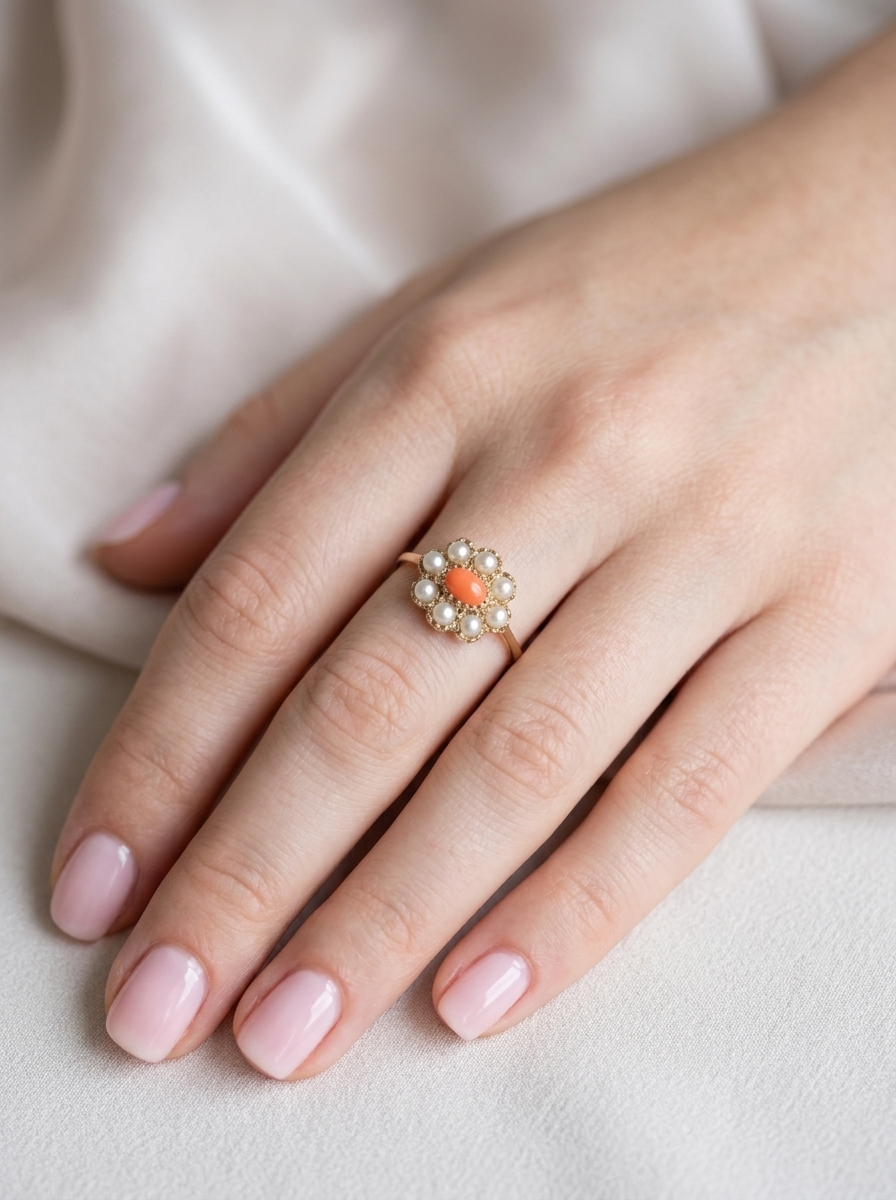 hand A 9 carat gold cluster ring. Centre stone an oval shaped coral stone 6x4mm.
