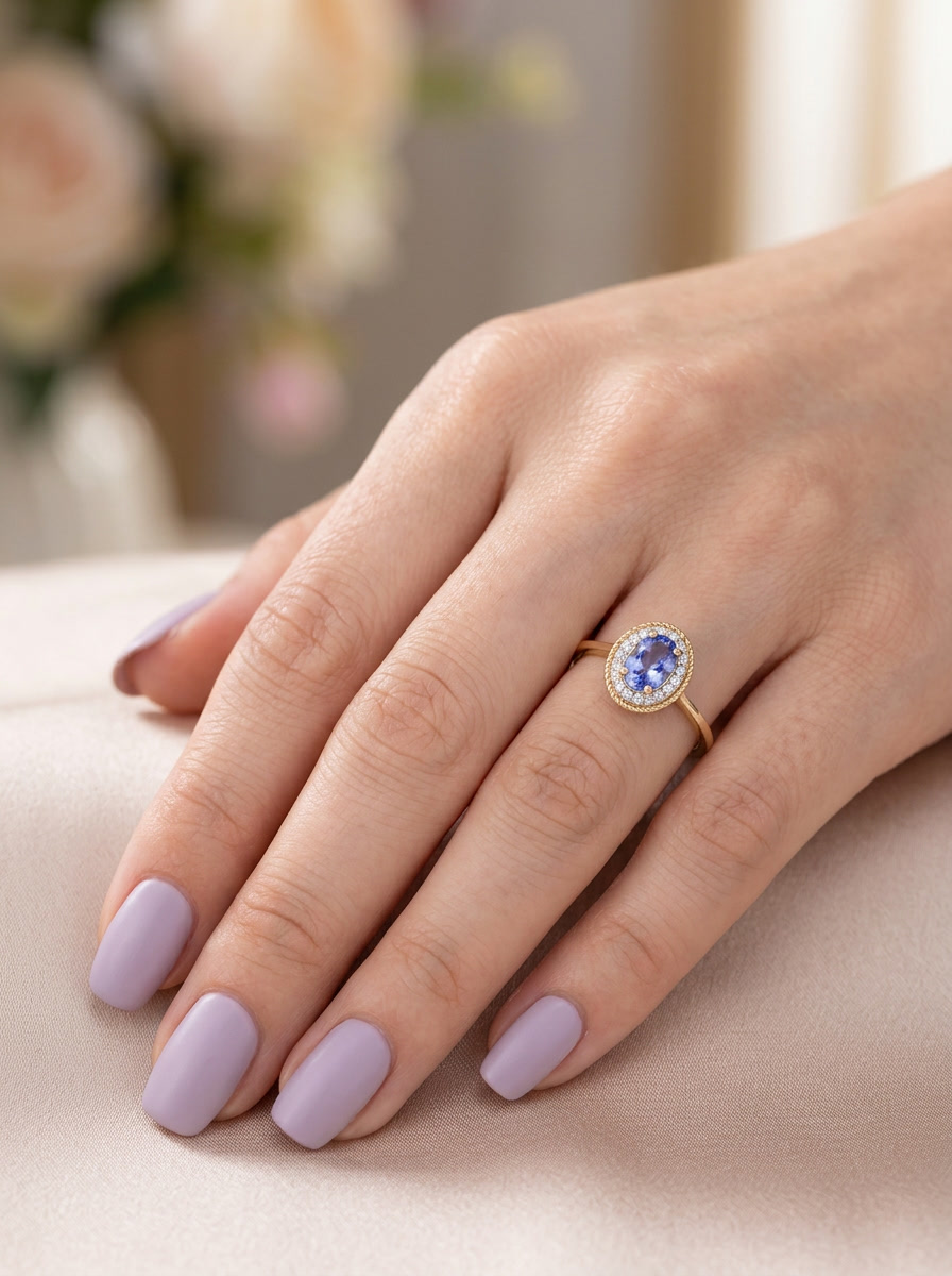 hand A 9 carat gold cluster ring. Features to the centre an oval cut tanzanite gem stone. Measures 7x5mm, four claw setting.