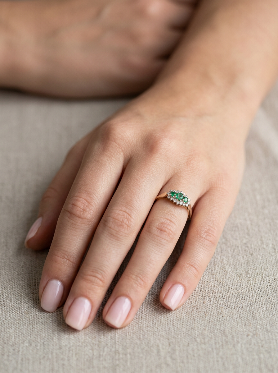 hand A 9 carat gold cluster ring. Set to the centre three round emeralds, centre 3.2mm, each side a 2.6mm stone.
