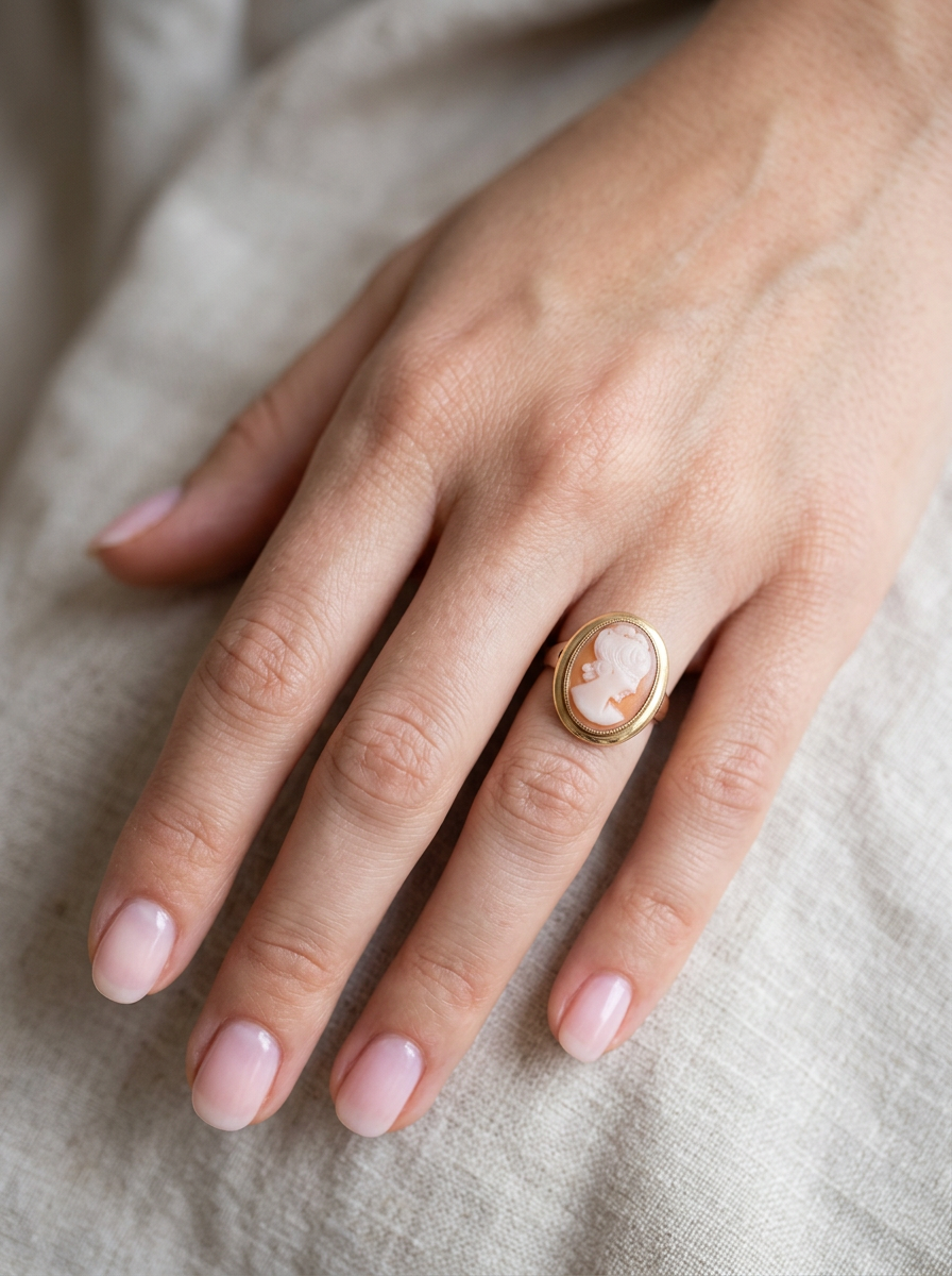 hand A 9 carat gold dress ring that features a cameo shell. Carved with the head of a young woman. Measures 20x15mm.