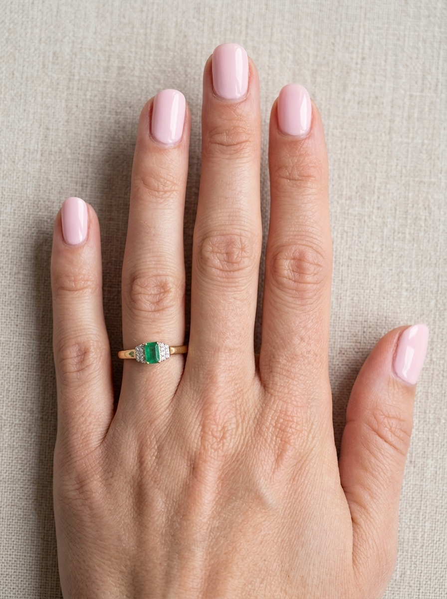 hand A 9 carat gold ring that features a rectangular cut emerald, 5x3mm (est 0.30 carats)
