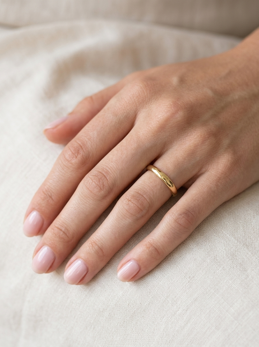 hand A 9 carat gold wedding ring. Classic D shape profile, just 2.9mm width