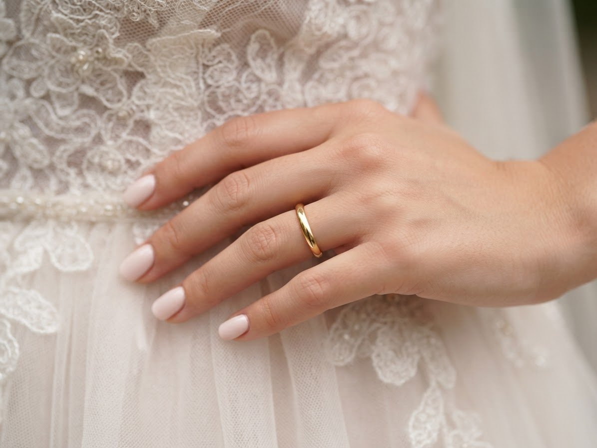 A close-up of a woman's hand wearing a simple gold band ring, resting on her white lace and tulle wedding dress.