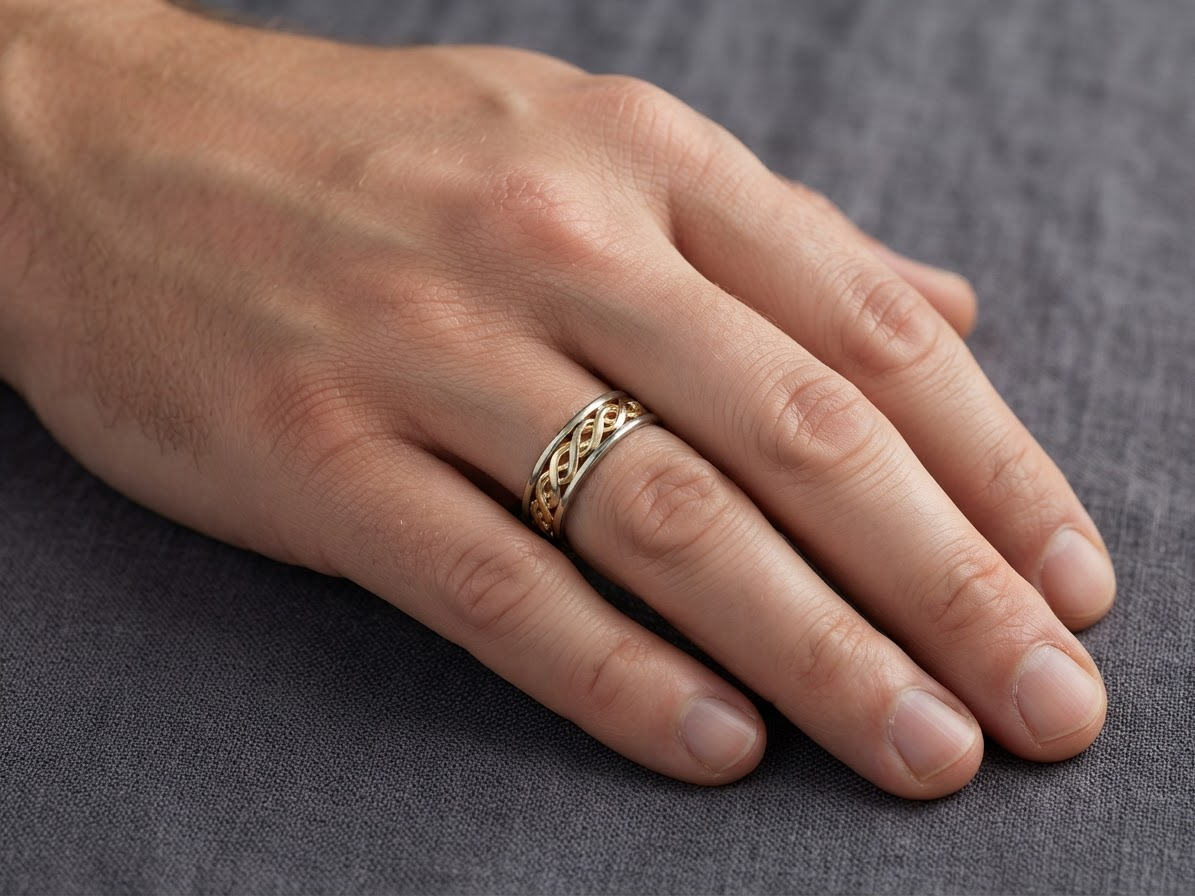 hand A 9 carat two colour gold ring. The centre band yellow gold, celtic design, the outer rims are white gold.&nbsp;