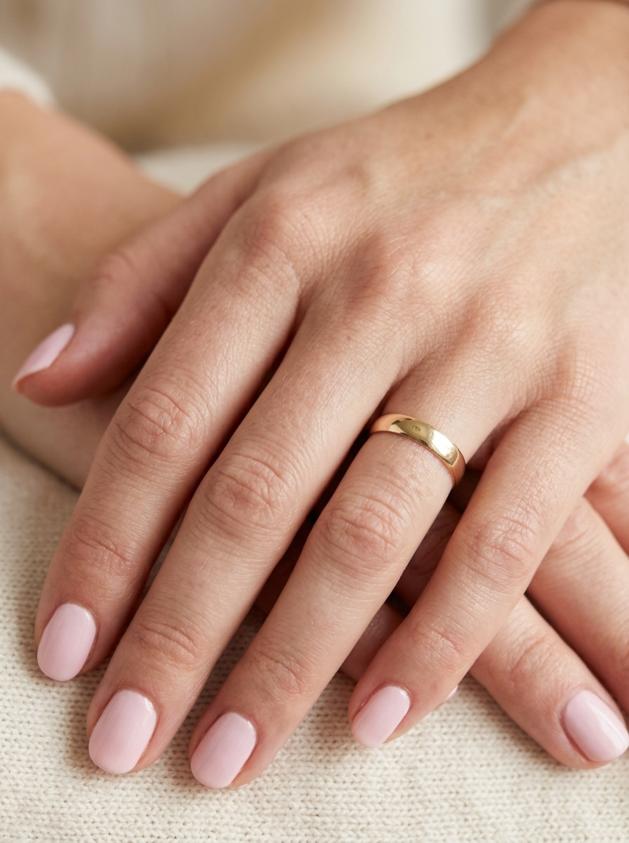 hand A 9 carat yellow gold wedding ring. D shape profile, with a width of 5mm.

 Weight 2.3grams.&nbsp;

UK hallmarks for 1991