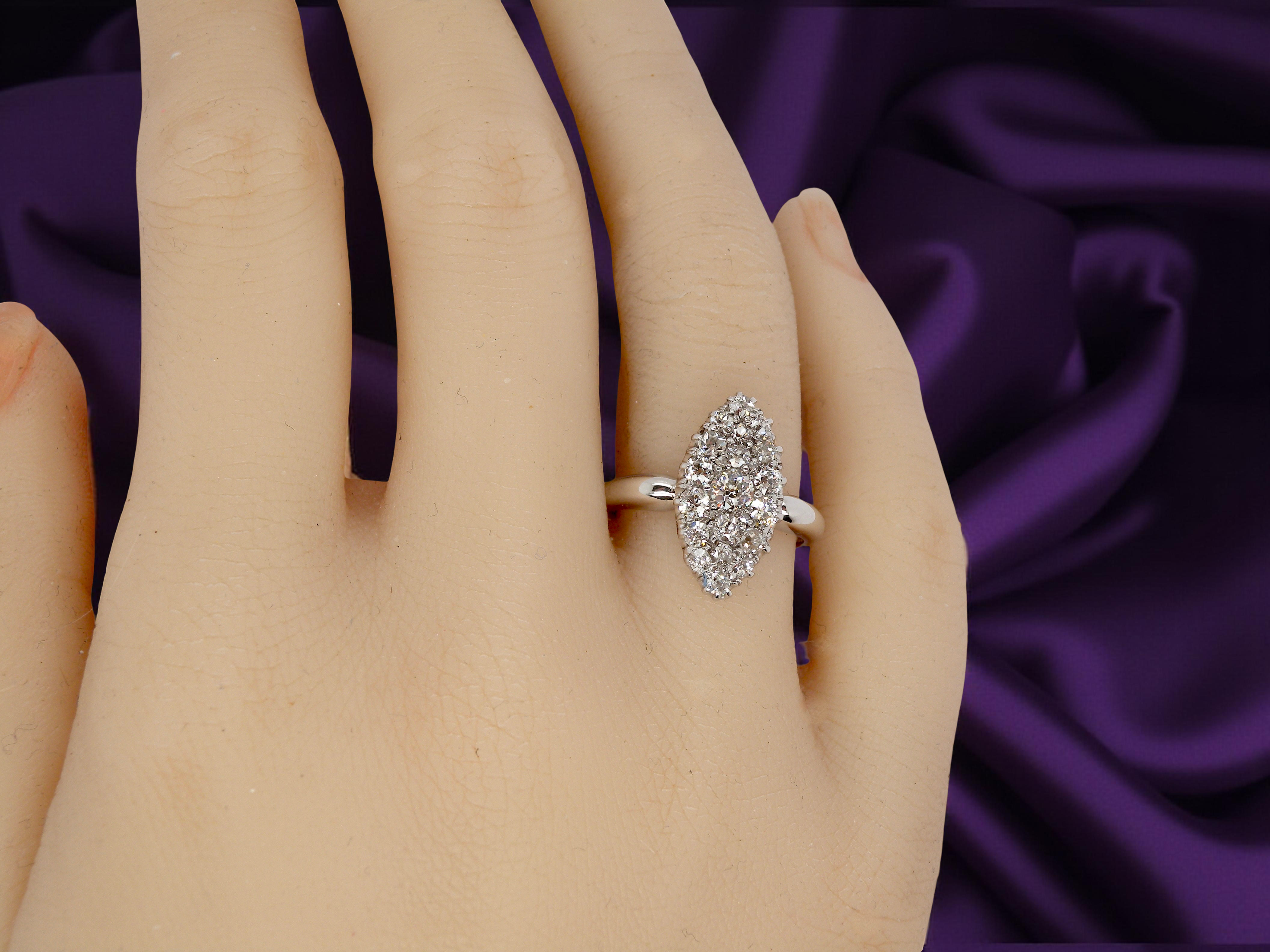 A Stunning Marquise Cluster Diamond Ring – 18 carat White Gold (1950s–1960s Vintage) on a hand
