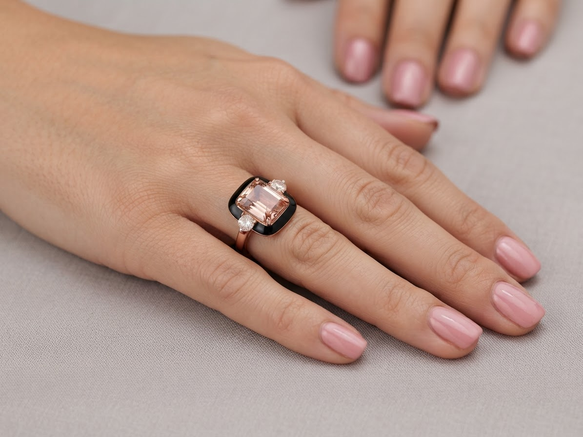 A close-up of a hand wearing a ring with a rectangular pale pink gemstone, a black inlay, and a rose gold band, set against a neutral gray background.