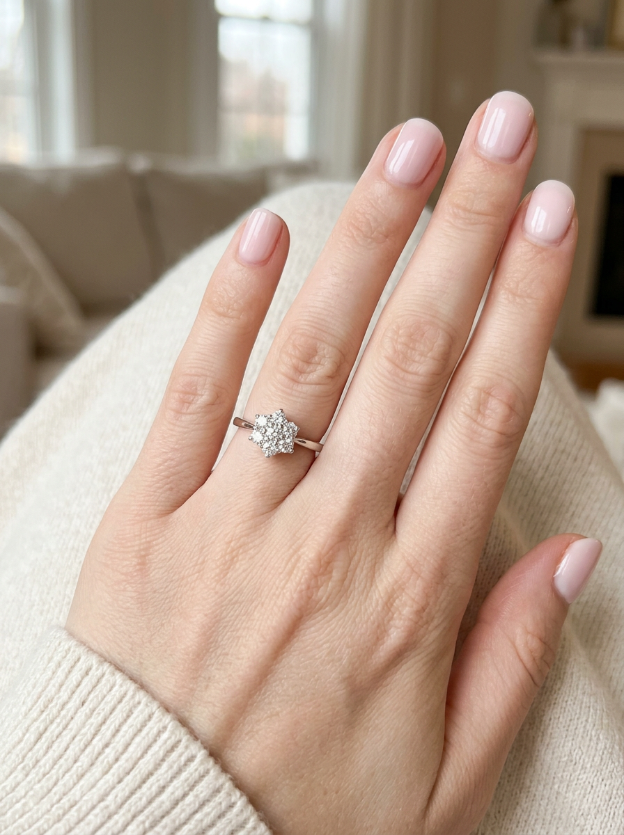 hand A beautiful vintage diamond cluster ring, elegantly set with seven brilliant-cut white diamonds in a timeless floral cluster design.