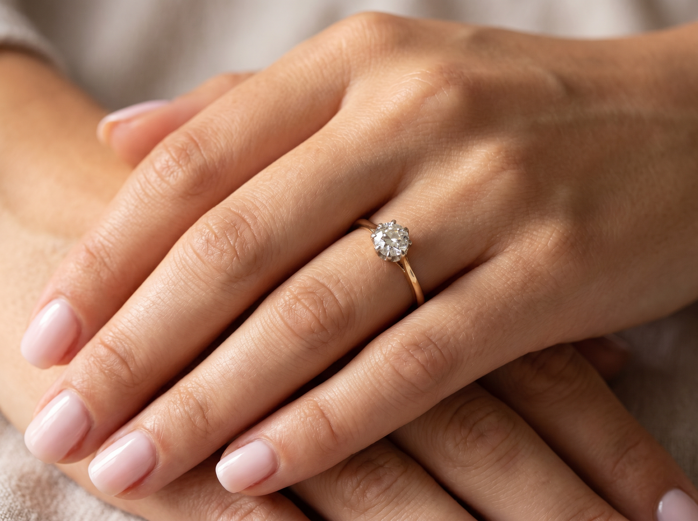 hand A beautiful vintage diamond solitaire ring featuring an old brilliant cut white diamond measuring approximately 6mm, estimated at 0.75 carats. The diamond displays attractive sparkle with an assessed colour of I–J and clarity of SI.