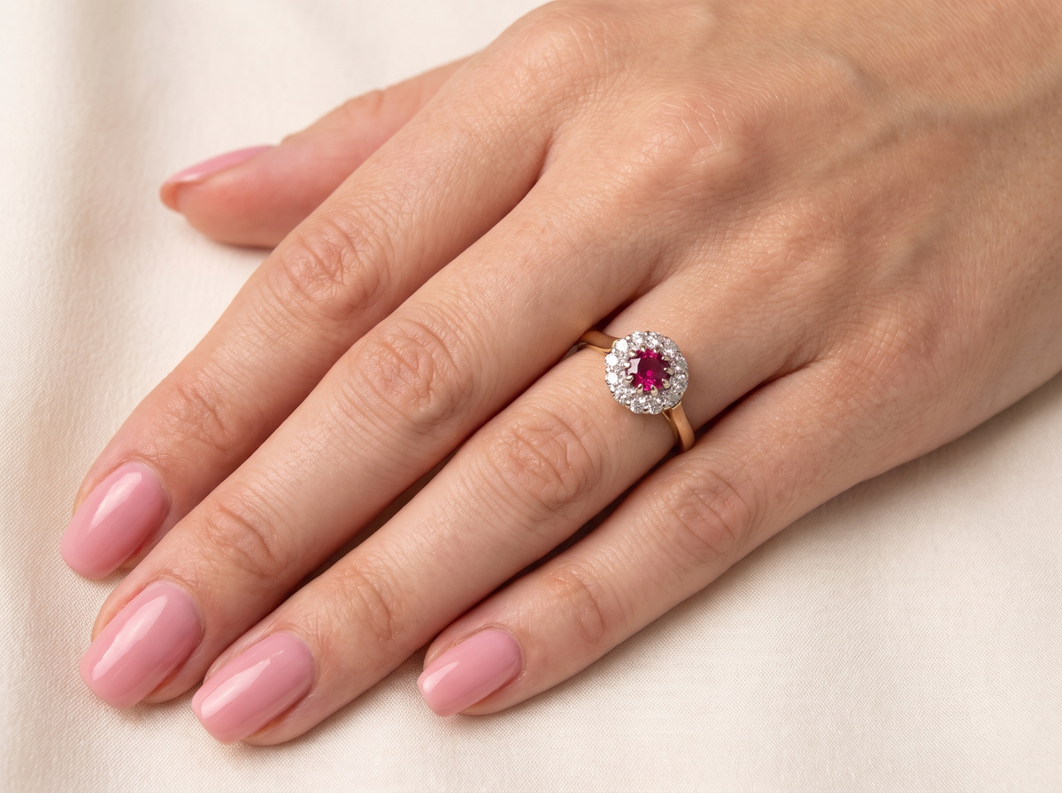 A close-up of a hand with pink manicured nails wearing a yellow gold ring featuring a round-cut pink gemstone surrounded by a halo of small clear stones, set against a soft cream fabric background.