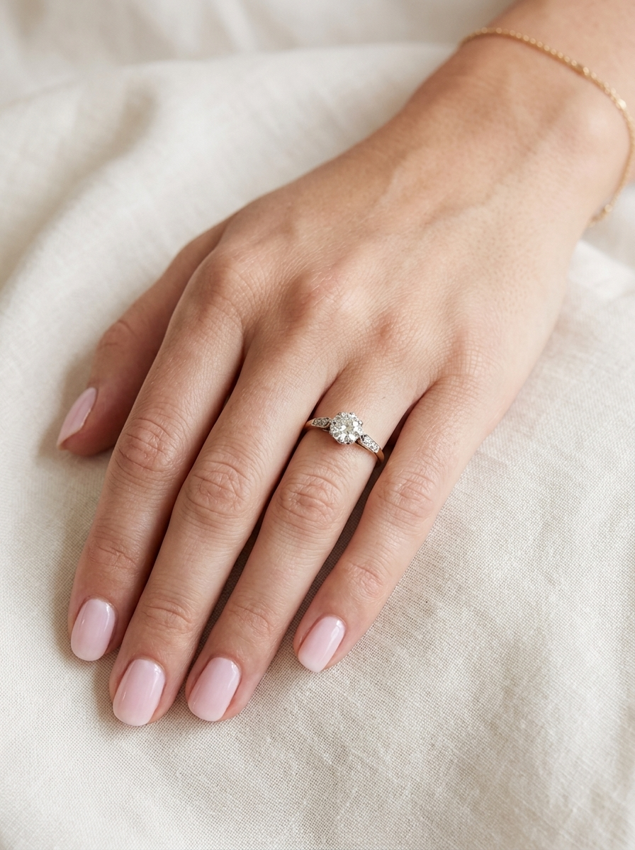 hand A beautifully elegant vintage solitaire ring dating to the 1930s, showcasing a classic old brilliant-cut white diamond.

The centre diamond measures approximately 6.2mm 