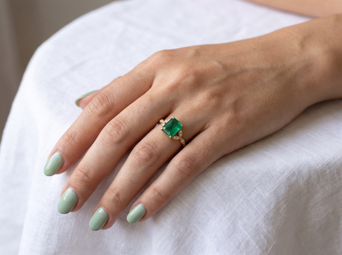 A close-up of a hand with light sage green manicured nails wearing a gold ring with a rectangular green gemstone, resting on a white textured fabric surface.