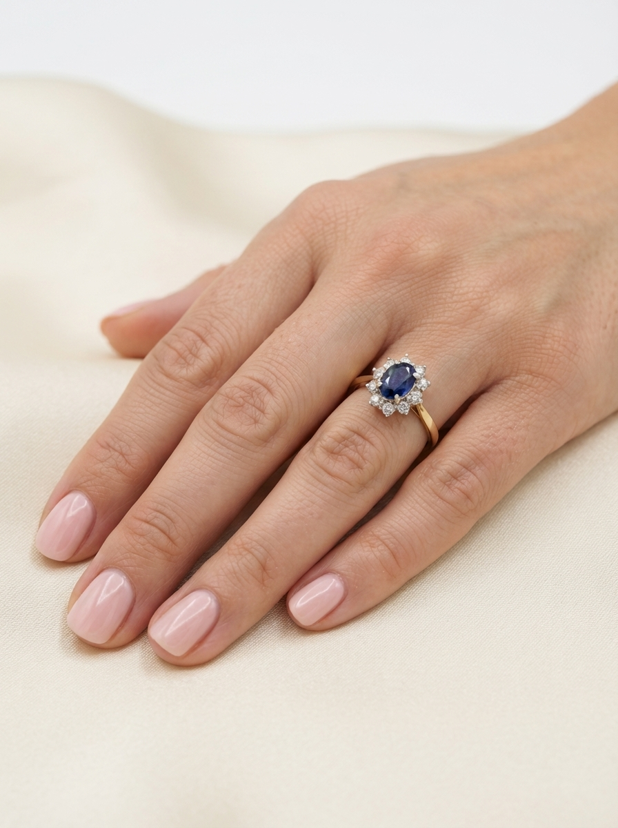 A close-up of a hand with light pink manicured nails wearing a gold ring featuring a dark blue oval center stone surrounded by small clear stones, resting on a soft cream fabric background.