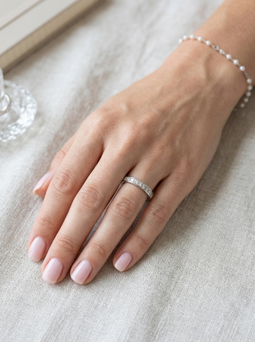 hand A fine 18 carat white gold half hoop eternity ring. Set with ten princess cut white diamonds.

Close set, each 2.5x2.5mm, total one carat