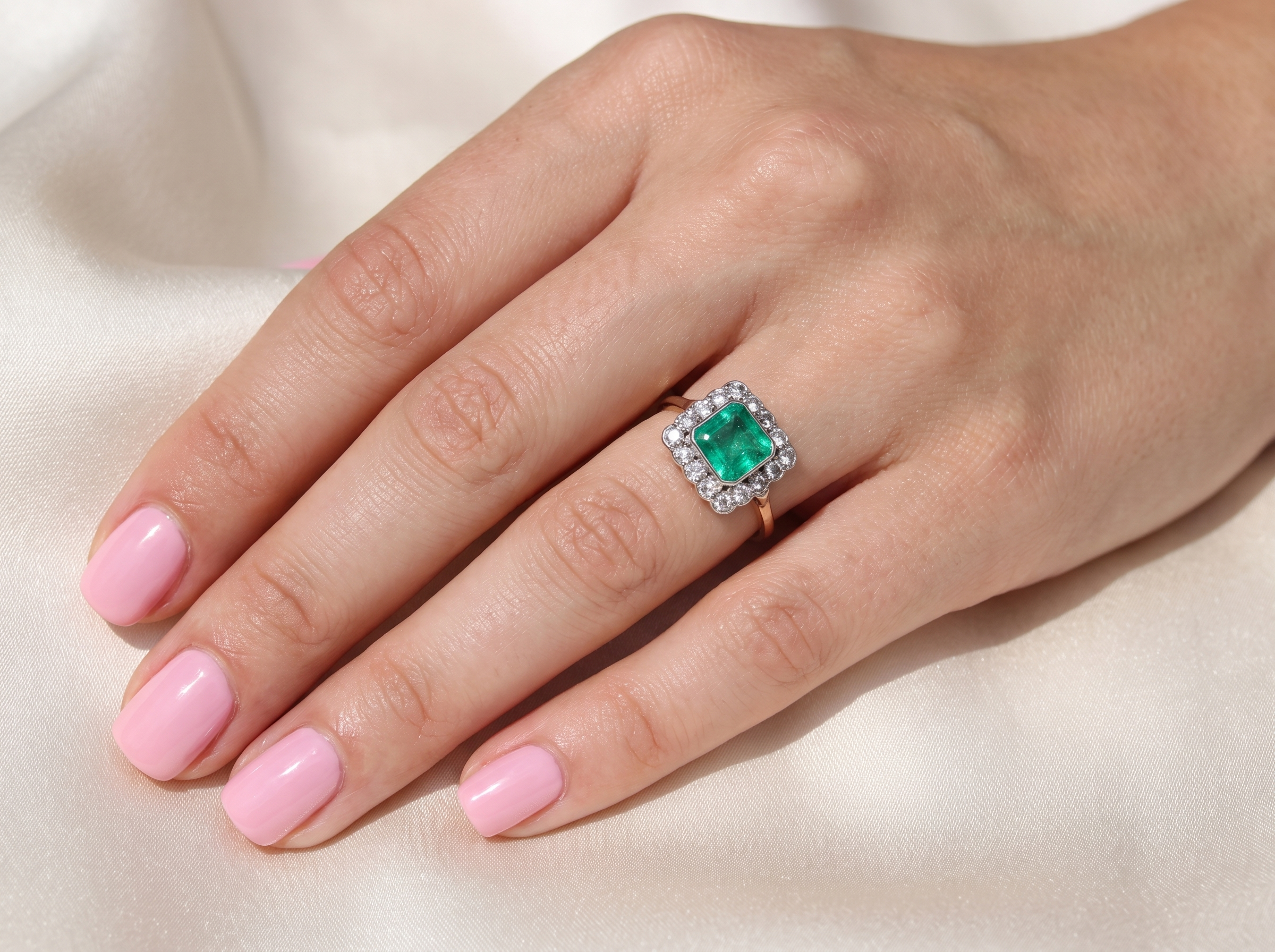 hand A fine Art Deco emerald and diamond cluster ring, beautifully proportioned and displaying all the elegance associated with the period.