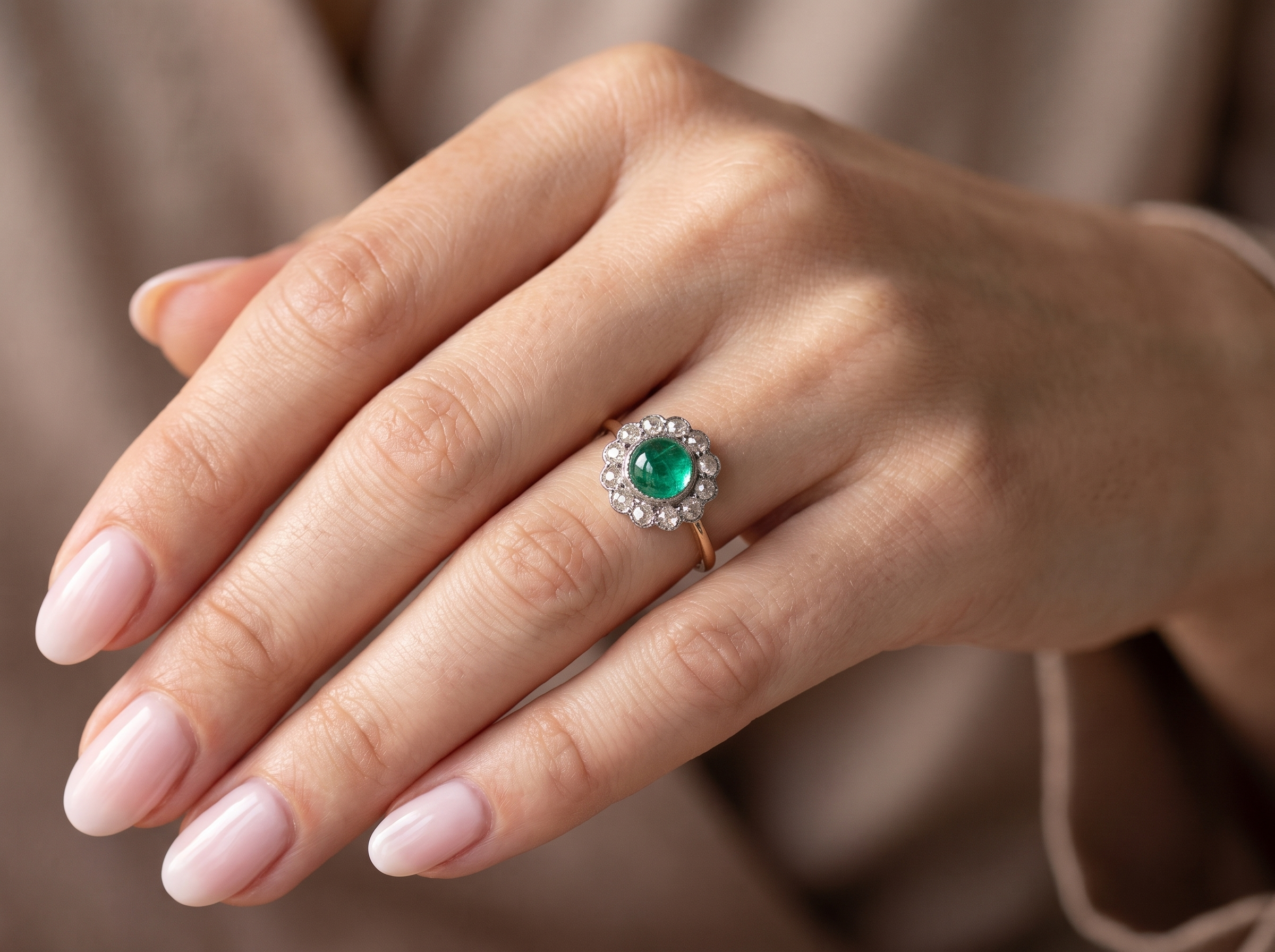 hand A fine antique cluster ring. The centre stone a cabouchon cut emerald