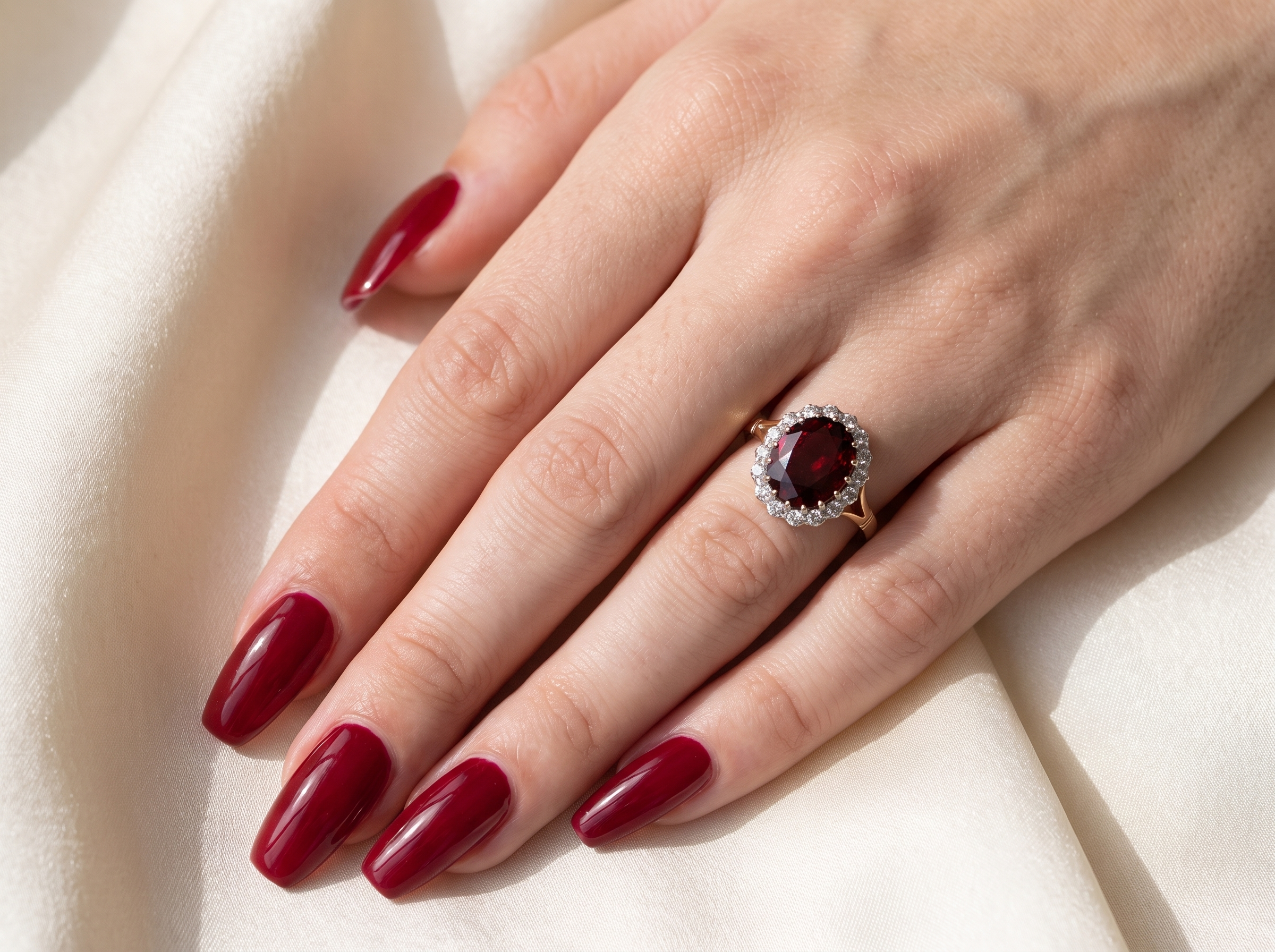 hand A fine cluster ring. Features a large garnet centre stone&nbsp;

Complimented by an outer halo of brilliant cut white diamonds.&nbsp;