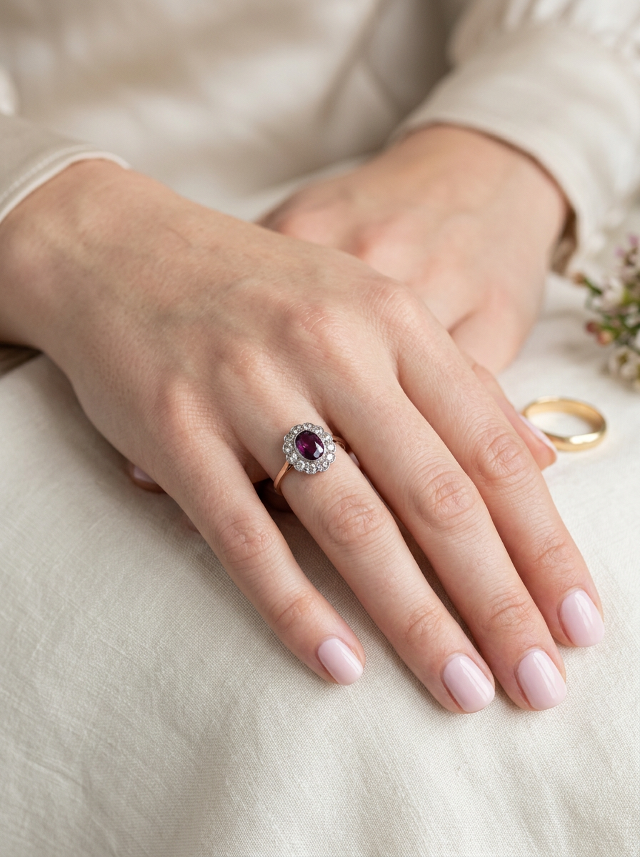 hand A fine early 20th century cluster ring featuring to the centre an oval ruby, 6x5mm, deep burgundy red colour, mille grain setting. (est 1.02 carats)
