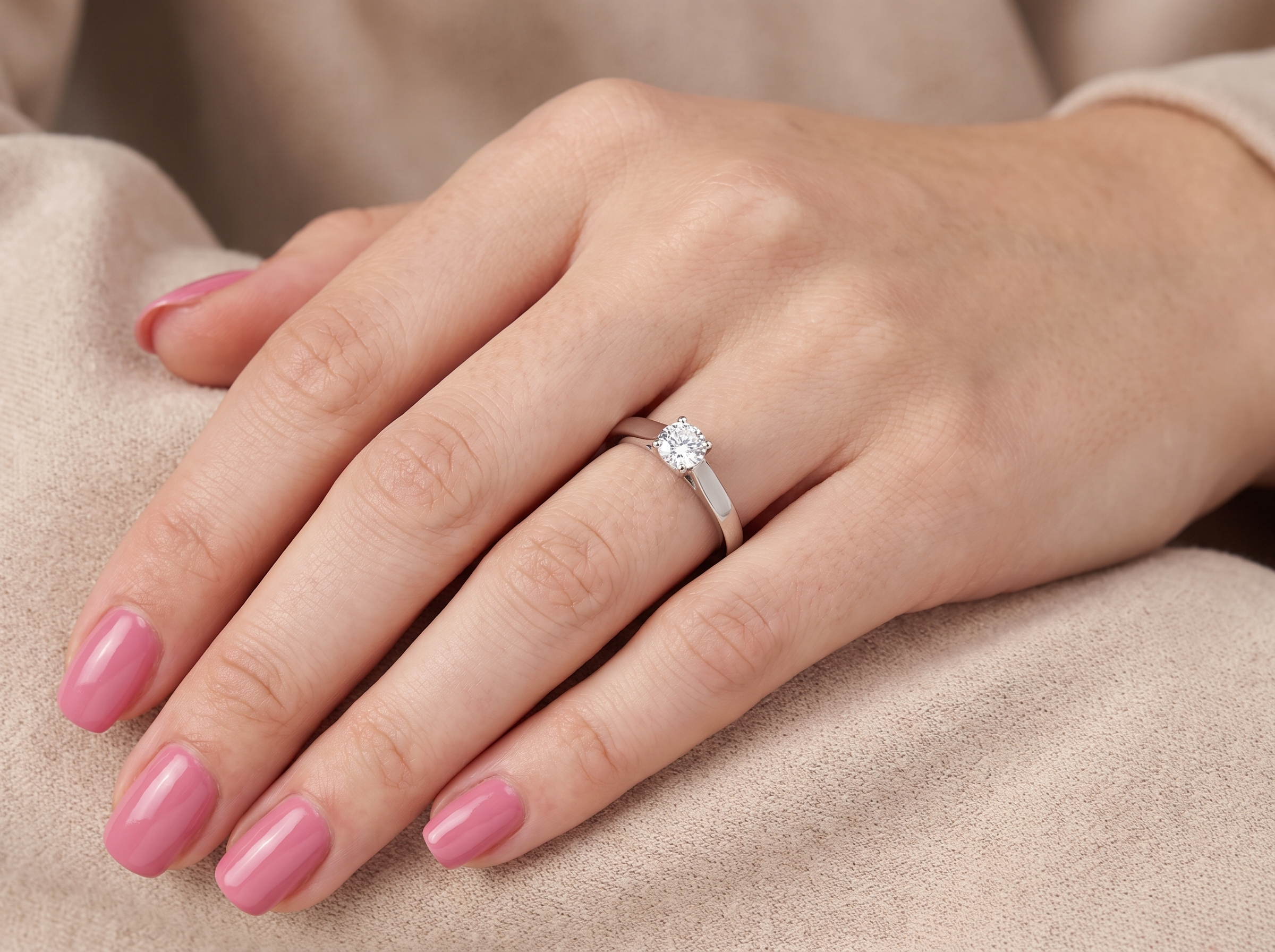 hand A fine solitaire ring, features an exceptional half carat diamond, brilliant cut, colour H-j, clarity VS2-Si1. Measures 5.2mm, depth 5.5mm, weight 4.9grams
