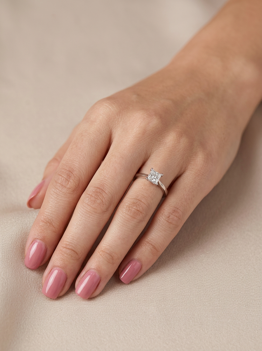 hand A fine solitaire ring featuring a square cut diamond of excellent quality.

Superb colour grade of E, excellent clarity- graded VVS2*. Stone measures 5x5x3.68, confirmed as 0.83 carats.