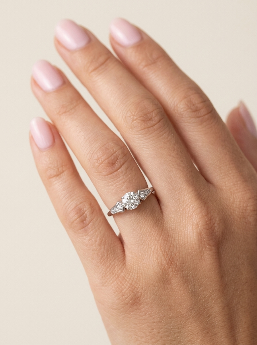hand A fine solitaire ring featuring an e lovely brilliant cut white diamond. Measures 6.3mm (est 0.85 carats) very bright white stone, colour H-i, clarity VS. Head depth 7mm.&nbsp;
