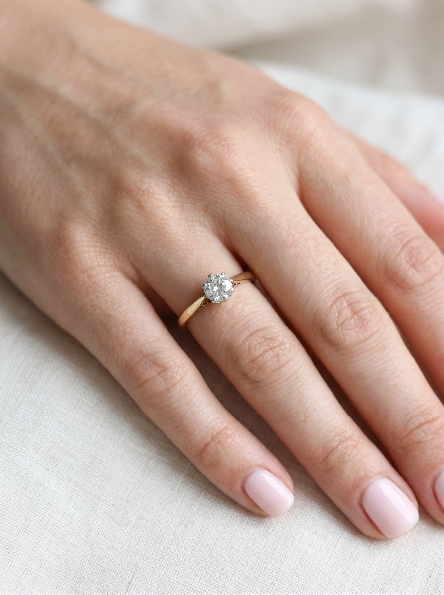 hand A fine solitaire ring set with a brilliant cut white diamond.&nbsp;

Certificated and therefore the description is confirmed. Size 5.5x5.2mm, 0.70 carats. Colour G, clarity Si1.