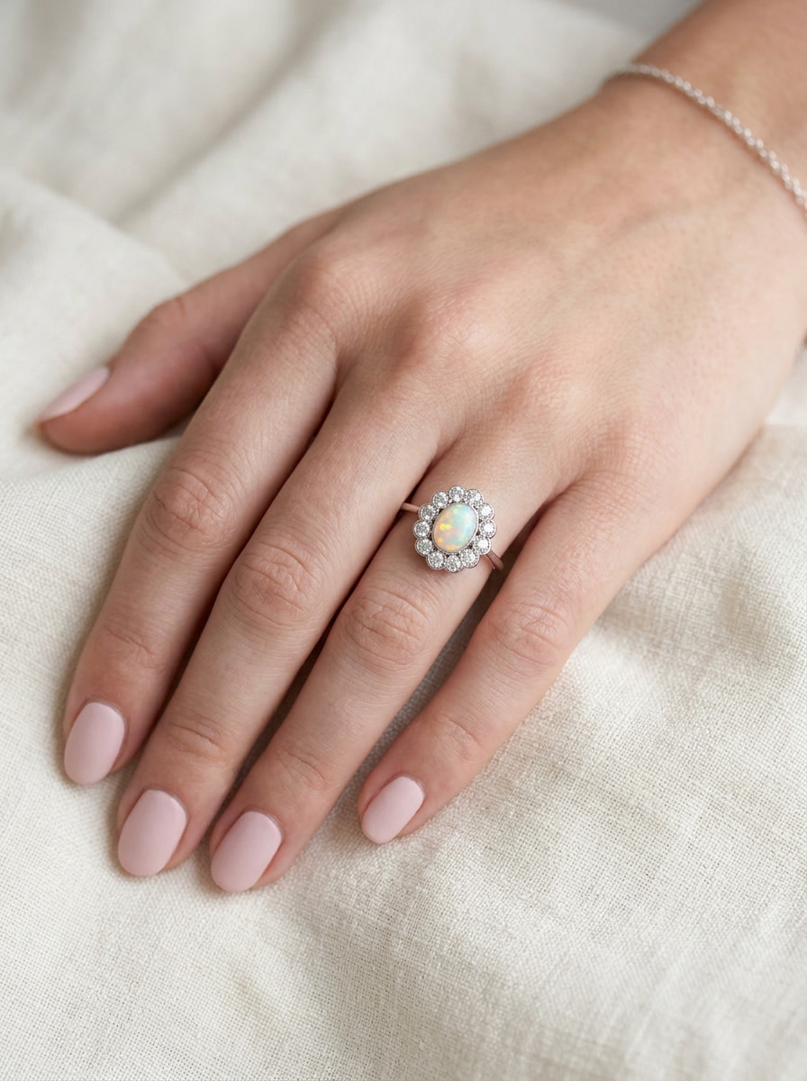 hand A fine vintage cluster ring. Features to the centre an oval shaped opal, with excellent play of colour, pink to one way, vibrant green to the other with flashes of electric blue also within the body of the gem.
