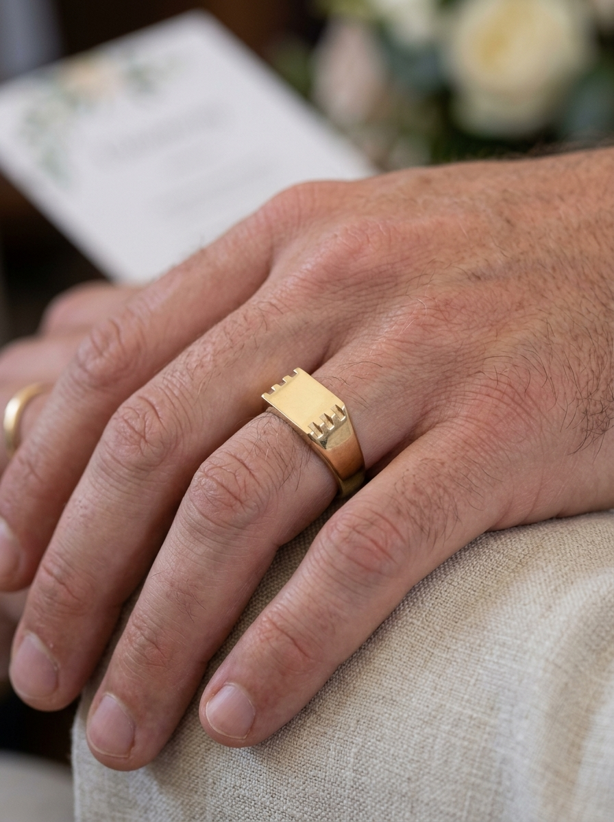 hand A gentleman's 9 carat gold signet ring. Rectangular shaped head, plain polished surface and suitable for initials to be engraved.
