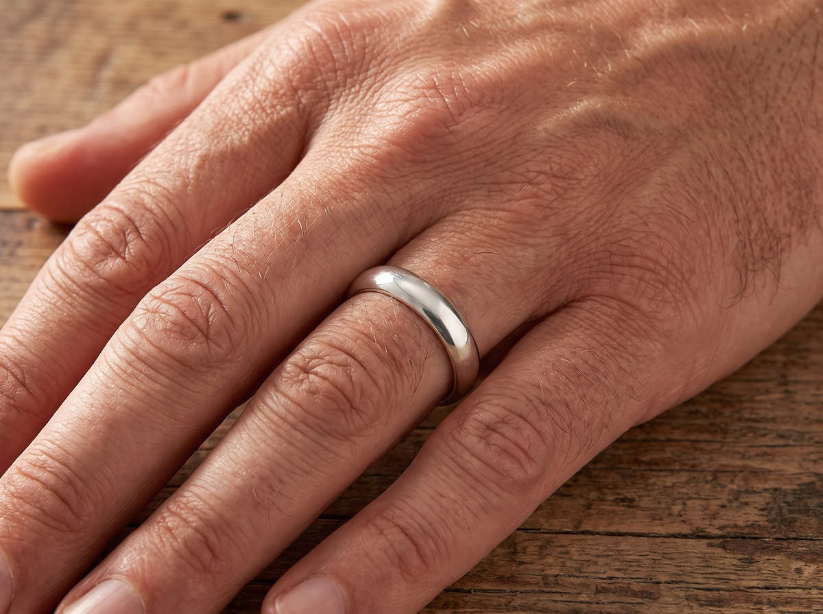 hand A gentleman's 9 carat white gold wedding ring. Width 5.5mm, plain D shape profile.