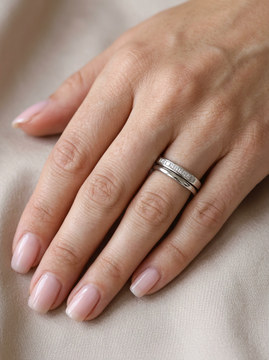 hand A half hoop 9 carat white gold eternity ring.

Channel set with eleven Princess cut white diamonds,