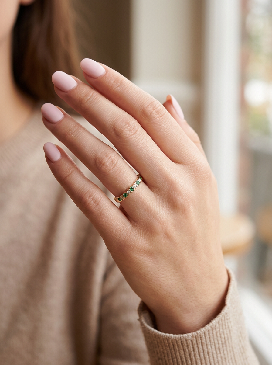 hand A half hoop eternity ring. Set with five round emeralds, each 3mm (0.10 carats) and set with an alternate brilliant cut white diamond, 2.4mm each (total 0.20 carats)
