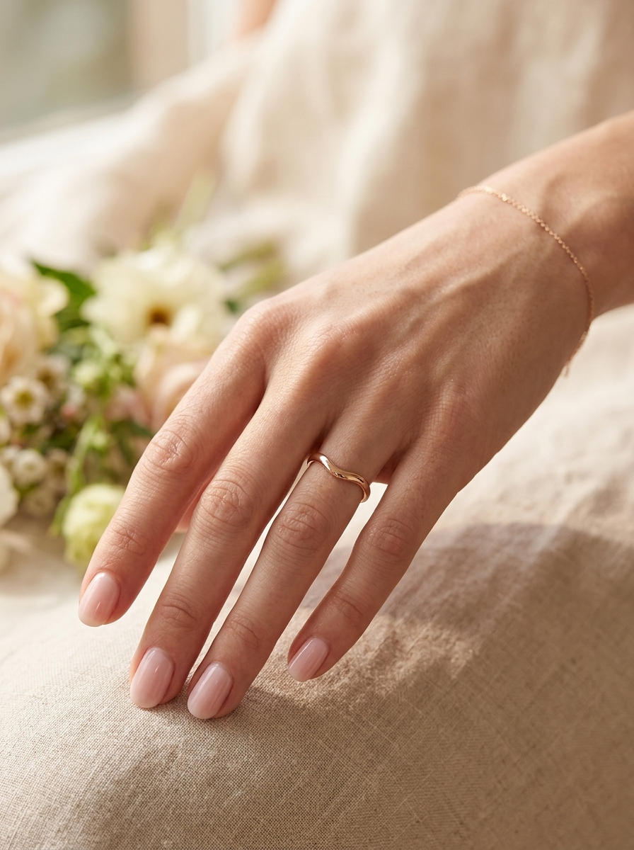 hand A narrow 18 carat yellow gold wedding ring. This has a U shape which makes the placing of a cluster or even a solitaire engagement ring that much easier to place against as it will sit with the 'U'
