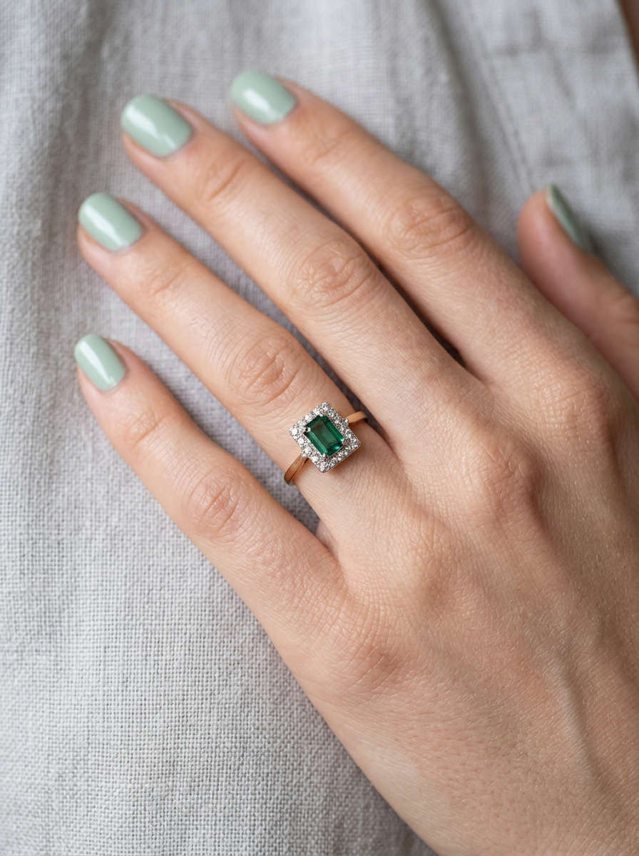 hand A near new cluster ring that shows no sign of wear, seems unworn.

Features a deep mint green tourmaline gemstone, 