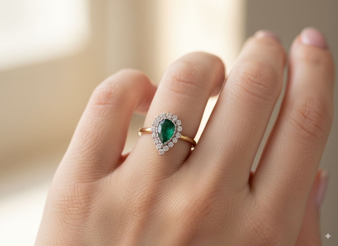 A pear shaped Emerald and Diamond cluster ring