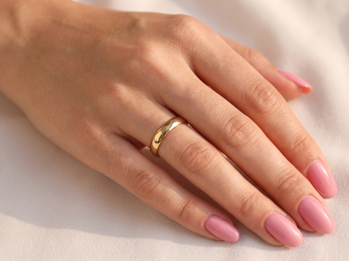 A close-up of a hand with pink manicured nails wearing a simple polished gold band ring, resting on a soft white fabric background.