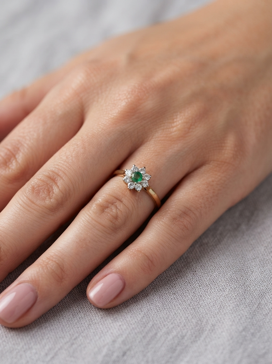A close-up of a hand wearing a gold ring with a green oval gemstone surrounded by small clear stones, resting on a textured light gray fabric background.
