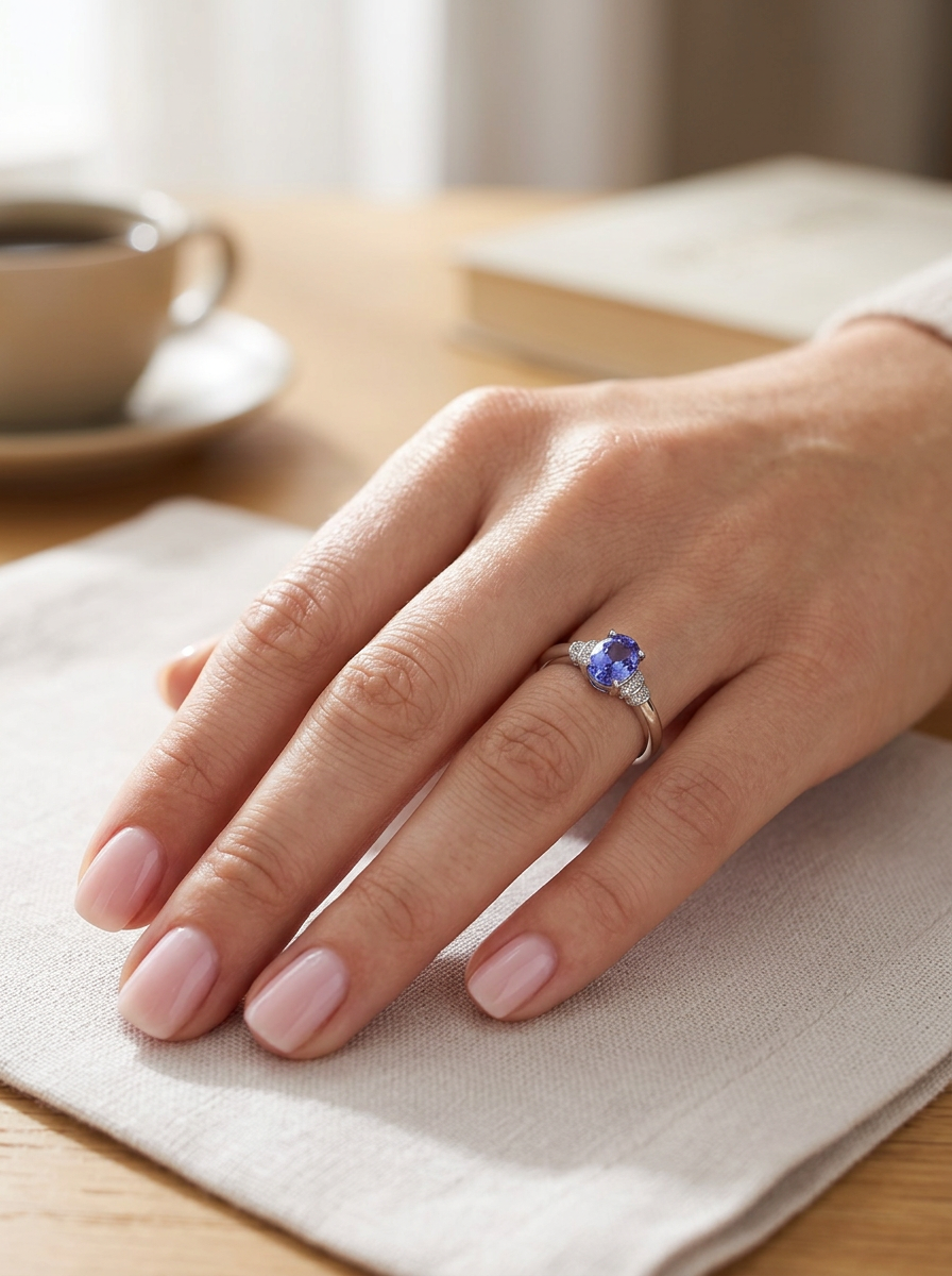hand A pretty 18 carat white gold ring that features an AAA Tanzanite gem stone. Displaying tones of purple and lilac the stone is oval cut at around 8x6mm (1.47 carat approx)