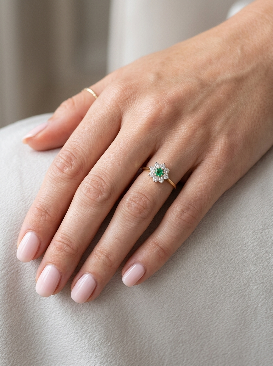 hand A pretty cluster ring that features to the centre a round emerald with diamonds