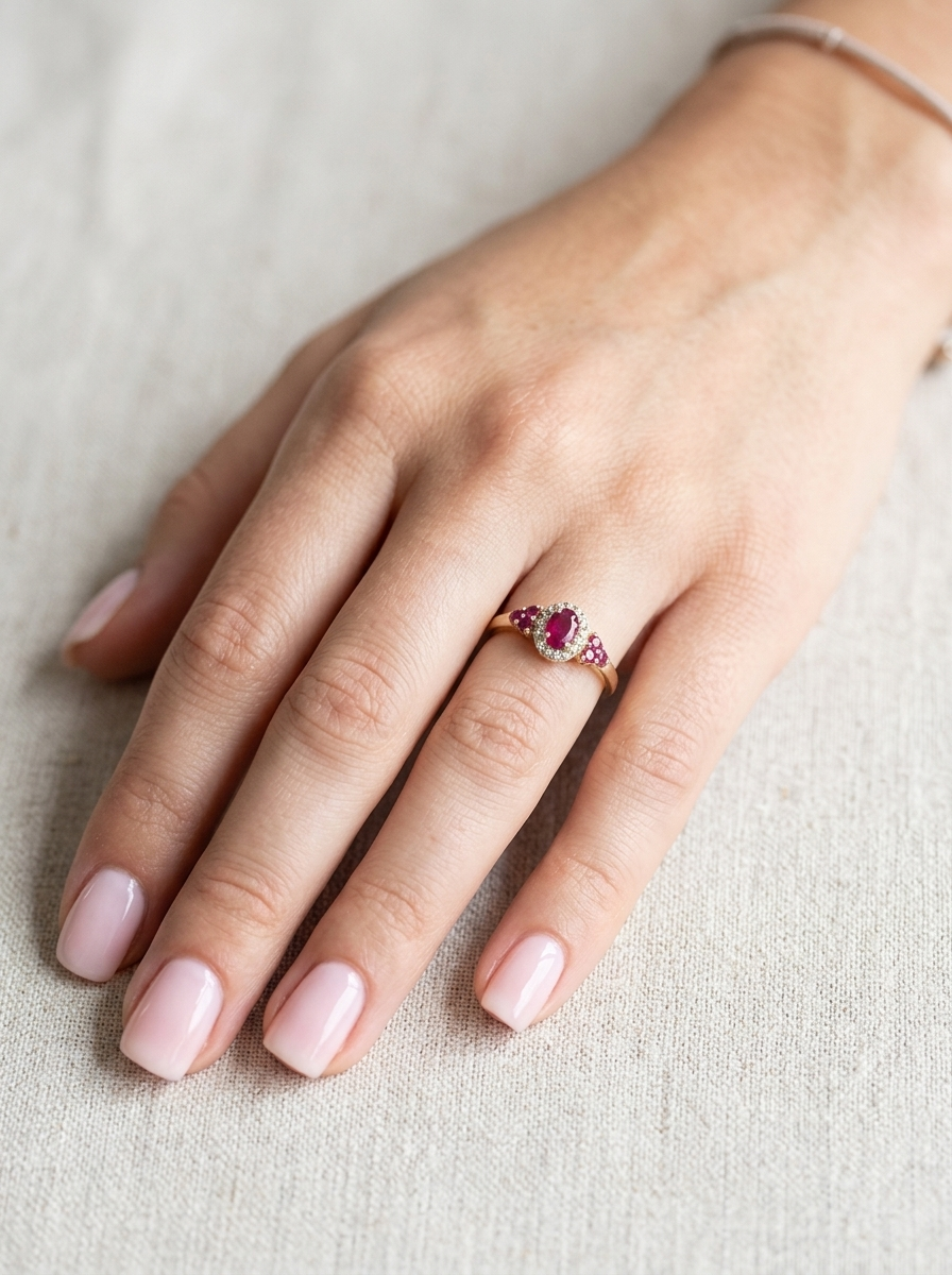 hand A pretty cluster ring that features to the centre an oval cut ruby, 5x4mm, retained by four claws and an outer halo of sixteen small white diamonds, each 1.3mm (total estimated at 0.15 carats)&nbsp;
