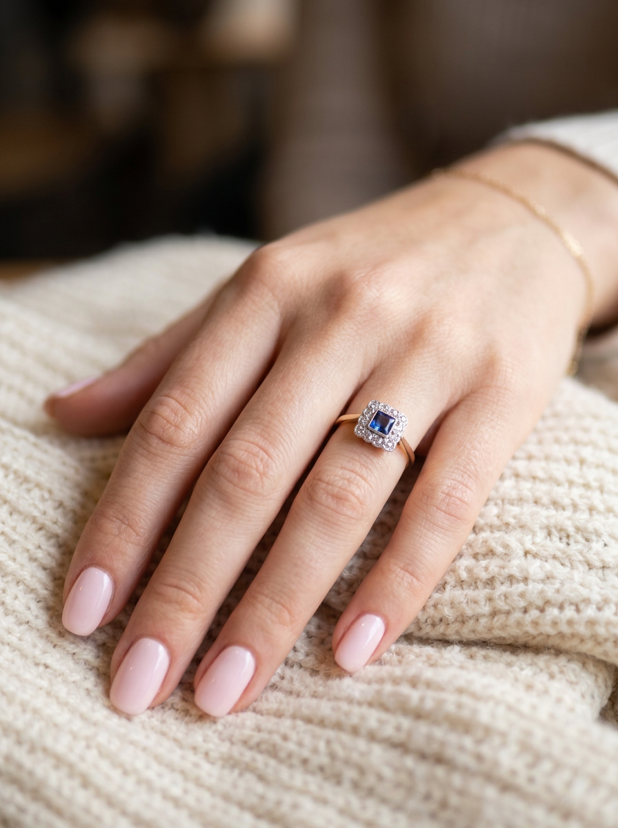 hand A pretty square cluster ring. Features to the centre a cornflower blue square sapphire, 4x4mm (est 0.30 carats) mille grain set.

Complimented by a halo of twelve x 1.5 mm single cut white diamonds 