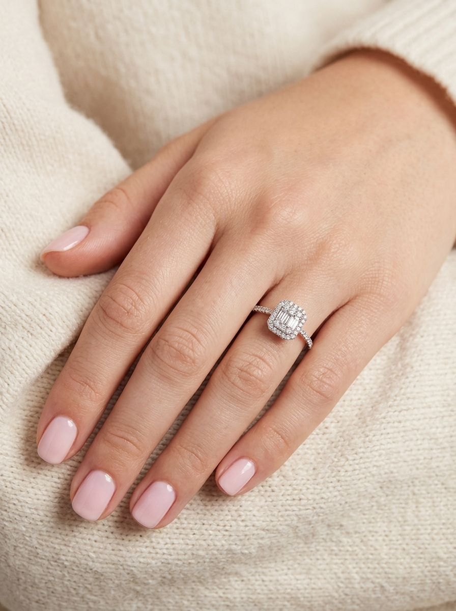 hand A rectangular diamond cluster ring. Centre portion is set with three baguette cut white diamonds 3x1.6mm and six mixed cut diamonds 2mm each.&nbsp;

Surrounded by a halo of twenty two small round diamonds