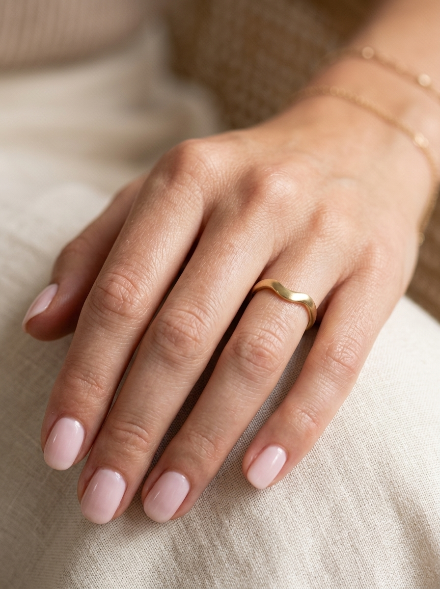 hand A shaped 18 carat yellow gold ring. Band width just under 3mm, weight 2.8grams.