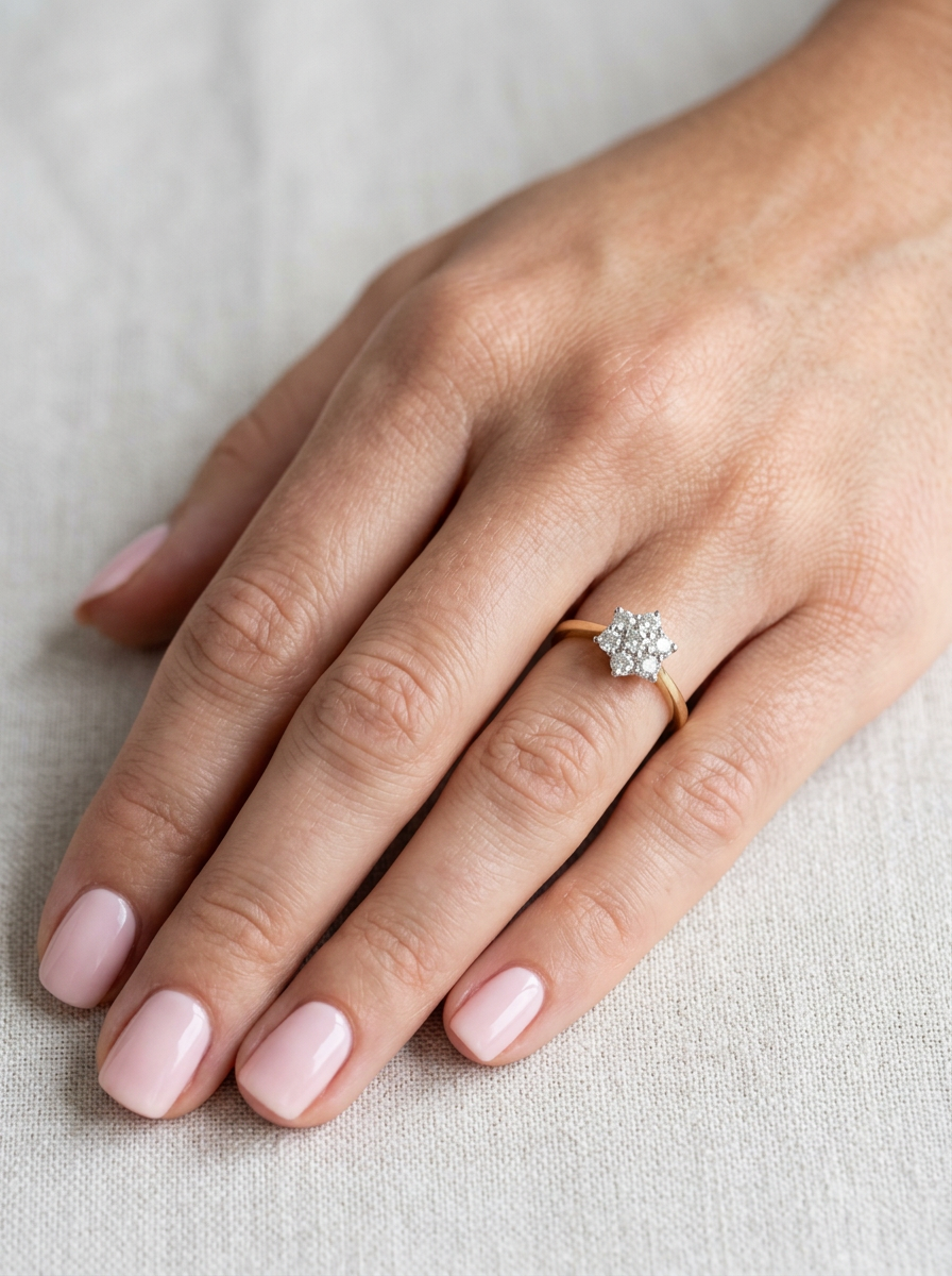 hand A small cluster ring set with seven bright white brilliant cut white diamonds.

Head measures 8.5mm, each diamond measures 2.8mm (total 0.50 carats