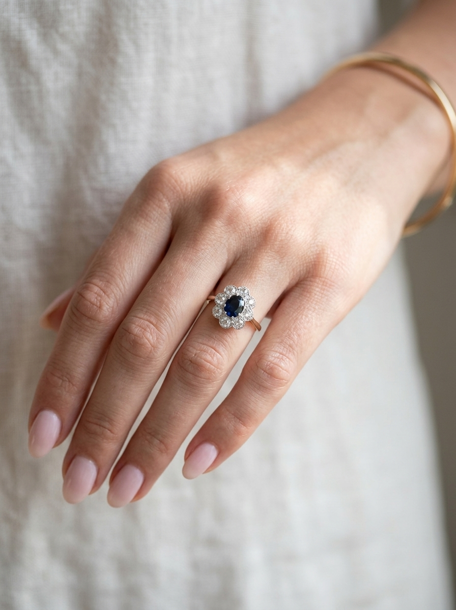 hand A striking vintage sapphire and diamond cluster ring dating from the 1930s–1940s, beautifully crafted in platinum and 18 carat gold. At the centre sits a richly coloured oval-cut sapphire of deep inky blue-black hue, measuring approximately 7 x 5mm and estimated at 0.75 carats.